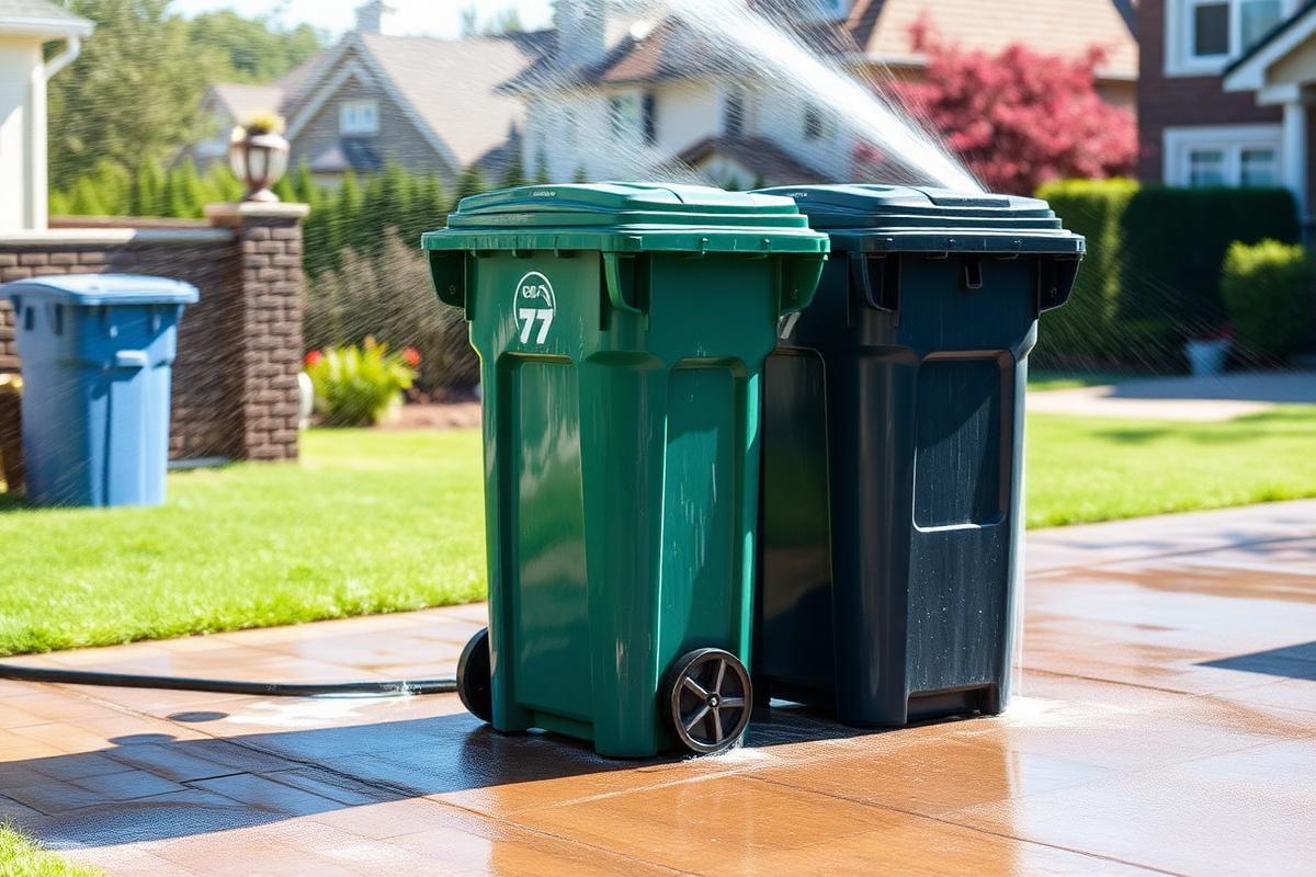 Residential garbage bins being pressure washed on a driveway