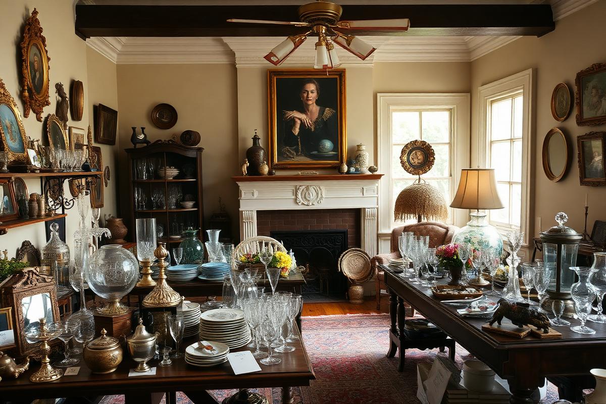 Antiques and glassware organized on tables for an estate sale