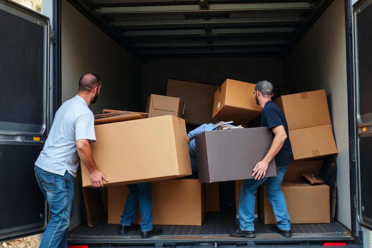 Crew loading household items and boxes into a junk removal truck