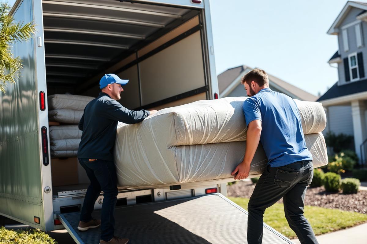 Two movers carrying a wrapped sofa into a moving truck